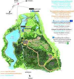 Plan des circuits de visite ouverts au public dans la Réserve Naturelle Régionale des Tourbières de Frasne - Bouverans. Cliquer sur l'image pour l'agrandir